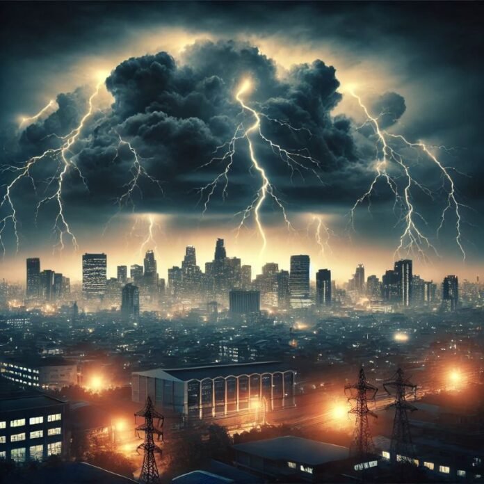 DALL·E-2024-11-07-23.11.13-A-dramatic-scene-of-a-thunderstorm-with-visible-lightning-in-the-sky-casting-bright-flashes-over-a-city-skyline-in-the-background.-The-scene-emphasiz período de chuvas no Distrito Federal