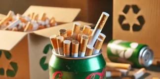 Lata de alumínio com bitucas de cigarro em um local de descarte inadequado.