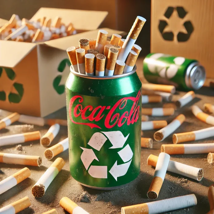 Lata de alumínio com bitucas de cigarro em um local de descarte inadequado.