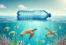 Ilustração de oceanos limpos e saudáveis, com peixes nadando e uma mensagem de conscientização sobre a poluição plástica.