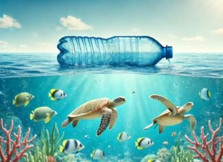 Ilustração de oceanos limpos e saudáveis, com peixes nadando e uma mensagem de conscientização sobre a poluição plástica.