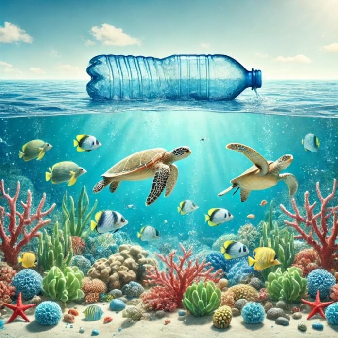 Ilustração de oceanos limpos e saudáveis, com peixes nadando e uma mensagem de conscientização sobre a poluição plástica.