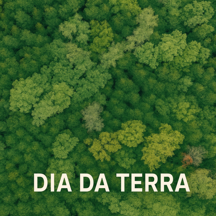 dia-da-terra Vista aérea de uma floresta densa com copas de árvores em diferentes tons de verde, simbolizando a biodiversidade, a natureza preservada e a importância da conservação ambiental no Dia da Terra.