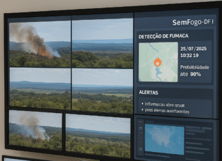 Painel de monitoramento com câmeras e interface digital em operação no DF