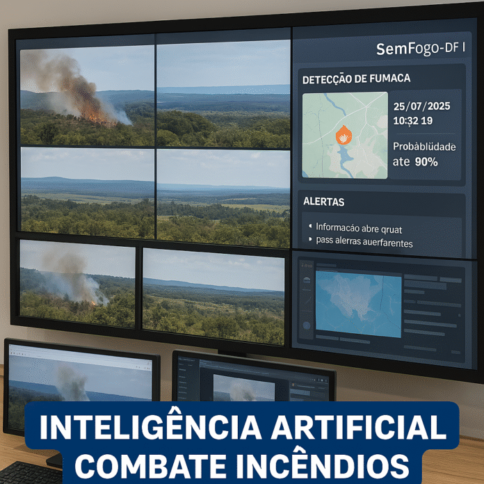 Painel de monitoramento com câmeras e interface digital em operação no DF