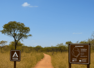 trilha ecológica sinalizada com vegetação típica do cerrado