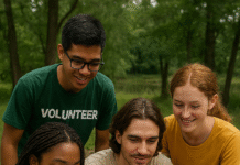 Jovens voluntários desenvolvendo projeto de comunicação em área verde, representando diversidade e inclusão.