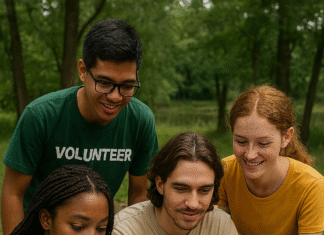 Jovens voluntários desenvolvendo projeto de comunicação em área verde, representando diversidade e inclusão.