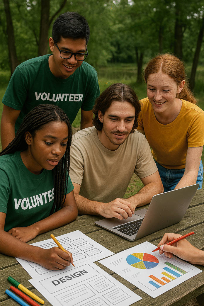 Jovens voluntários desenvolvendo projeto de comunicação em área verde, representando diversidade e inclusão.