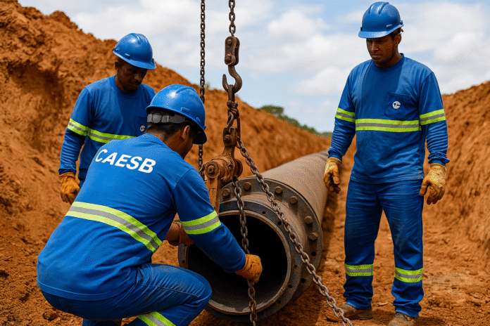 Obras da Caesb conectam sistemas do DF para ampliar abastecimento de água Funcionários da Caesb instalam tubulação principal para interligar sistemas hídricos do Distrito Federal