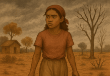 Jovem mulher em comunidade rural impactada por seca, carregando baldes de água sob céu nublado — retrato da desigualdade climática e de gênero.