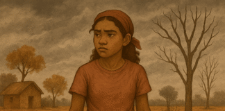 Jovem mulher em comunidade rural impactada por seca, carregando baldes de água sob céu nublado — retrato da desigualdade climática e de gênero.