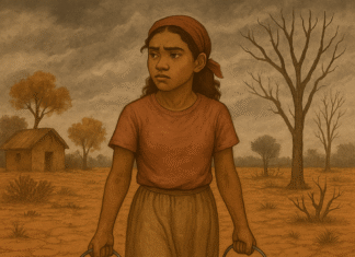 Jovem mulher em comunidade rural impactada por seca, carregando baldes de água sob céu nublado — retrato da desigualdade climática e de gênero.