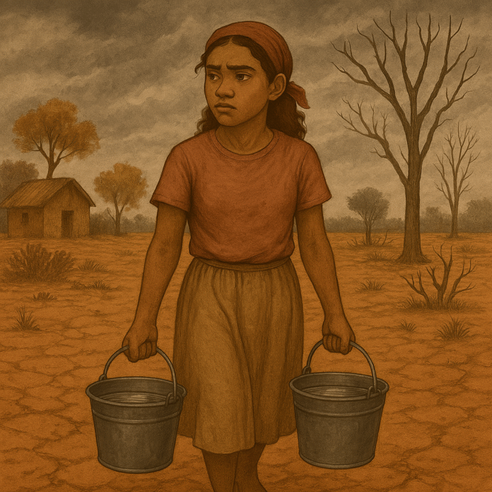 Copilot_20250802_222341 Jovem mulher em comunidade rural impactada por seca, carregando baldes de água sob céu nublado — retrato da desigualdade climática e de gênero.
