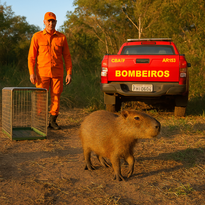 Capivara que sobreviveu a atropelamento no Distrito Federal sendo reintegrada à natureza