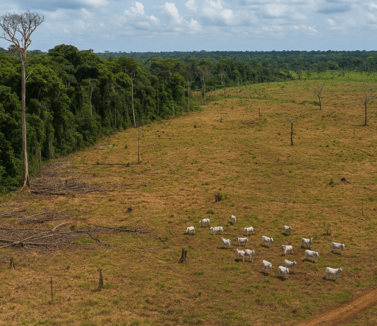 Área desmatada na Amazônia utilizada para criação de gado, destacando impactos ambientais da indústria do couro