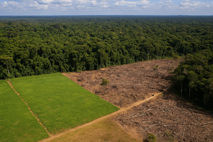 Floresta amazônica com áreas desmatadas, representando os desafios do licenciamento ambiental.