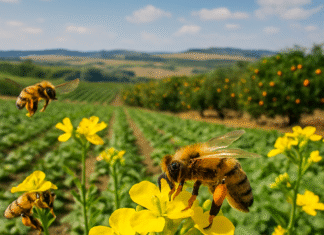 Abelhas polinizando flores em lavoura de soja com vegetação nativa no interior de São Paulo