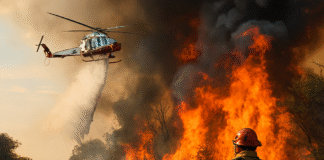 Bombeiros combatendo incêndio florestal no Distrito Federal com apoio aéreo