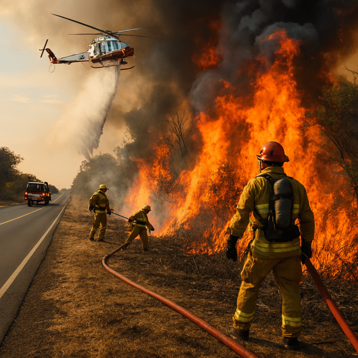 Bombeiros combatendo incêndio florestal no Distrito Federal com apoio aéreo
