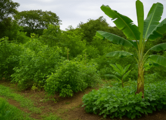 Sistema agroflorestal em Taguatinga com vegetação nativa e frutífera, promovendo sustentabilidade.
