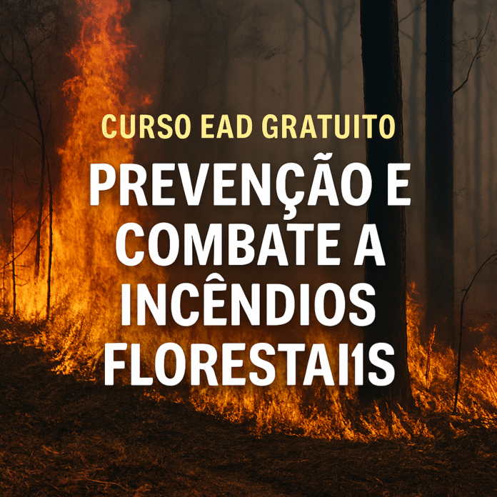 Cena de incêndio florestal com chamas intensas consumindo árvores, usada como imagem promocional do curso EAD gratuito sobre prevenção e combate a incêndios florestais oferecido pela SEMIL-SP.