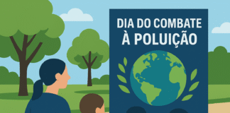 Ilustração de atividade educativa no Dia do Combate à Poluição em parque arborizado, com banner ambiental e participantes de costas.