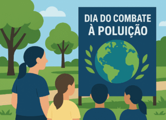 Ilustração de atividade educativa no Dia do Combate à Poluição em parque arborizado, com banner ambiental e participantes de costas.