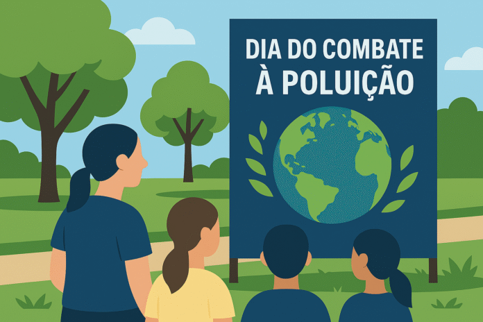 Ilustração de atividade educativa no Dia do Combate à Poluição em parque arborizado, com banner ambiental e participantes de costas.