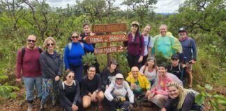 Participantes em trilha ecológica no cerrado, observando a vegetação nativa e interagindo com o ambiente.
