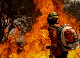 ombeiro da Brigada de Incêndio segura maçarico aceso enquanto combate incêndio florestal de grande intensidade em área de vegetação.