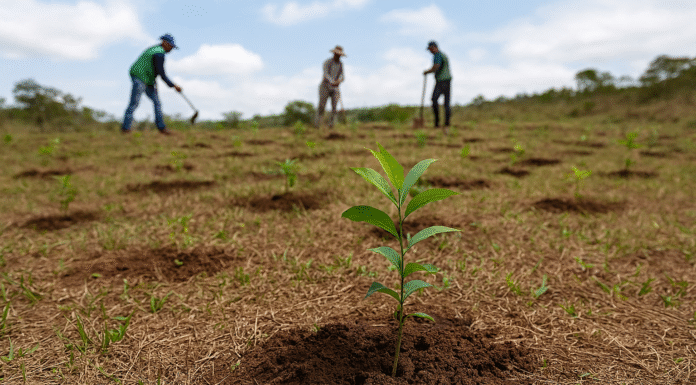 Fotografia do plantio de mudas realizado na Serrinha, no Paranoá.